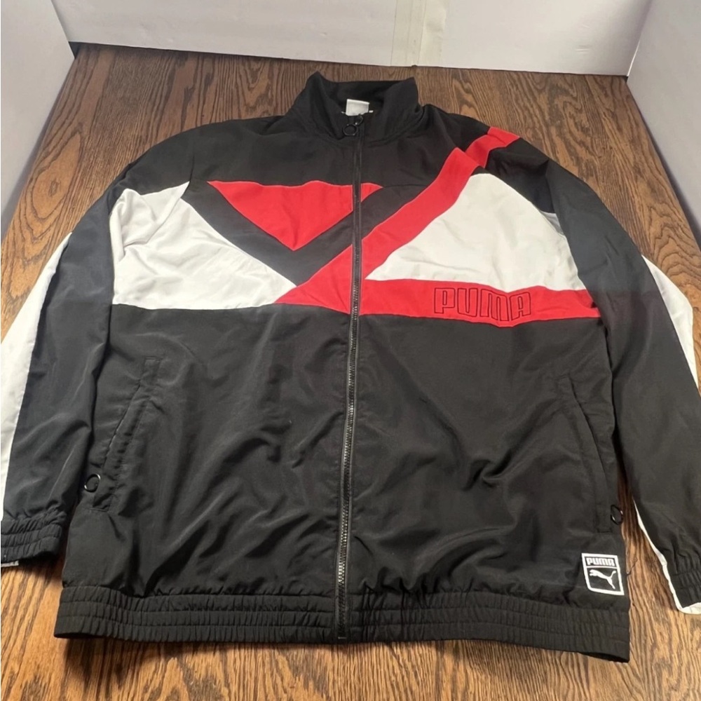 Vintage Puma Track Jacket XXL Black Red White Y2K 90s Colorblock Zip Windbreaker